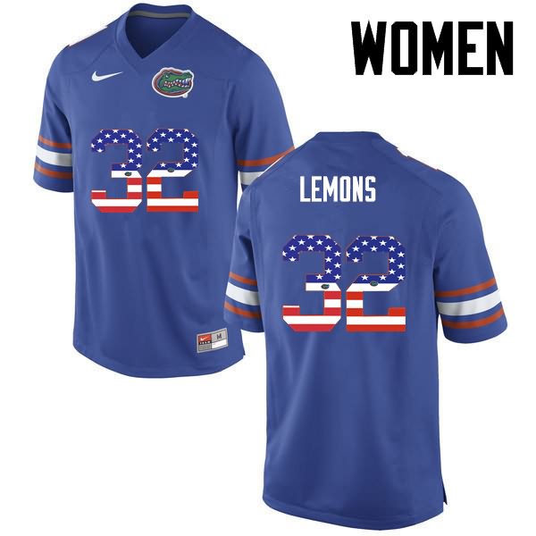 Women's NCAA Florida Gators Adarius Lemons #32 Stitched Authentic USA Flag Fashion Nike Blue College Football Jersey KZQ5765IM